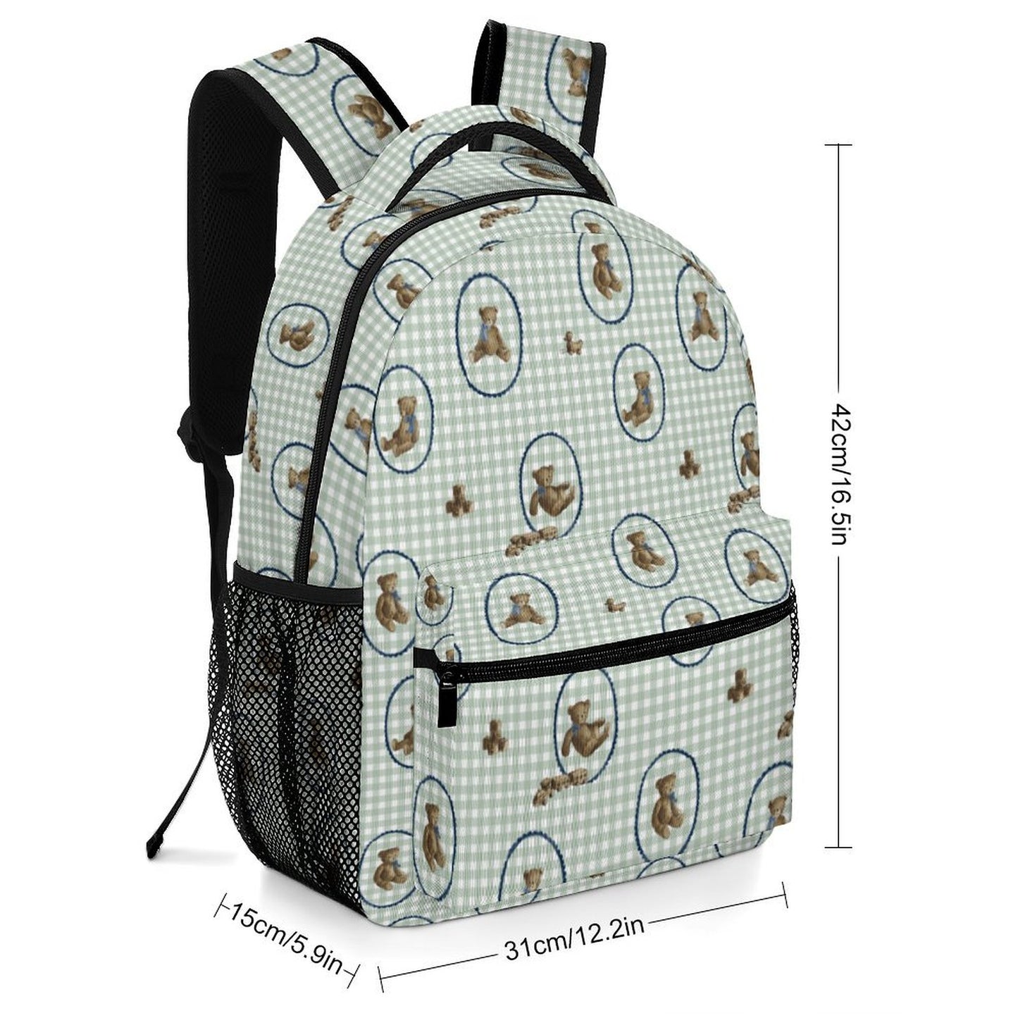 "Teddies and Toys" Children's Backpack in Green Gingham